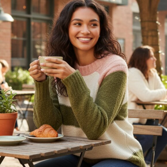 Anthropologie Self Contrast NWT Small Color-Block Sweater Olive Cream Blush - Picture 4 of 6